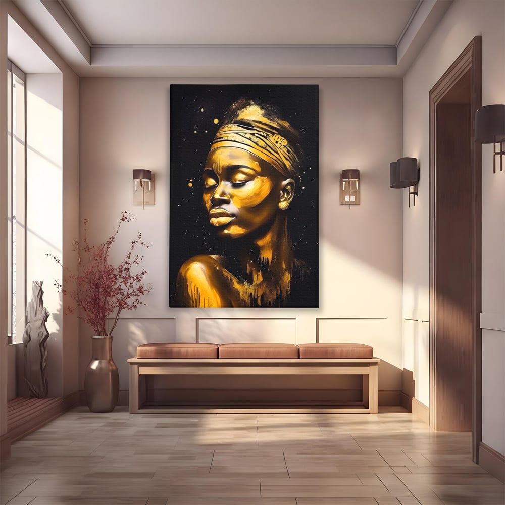 Tablou canvas cu tablou canvas portret femeie auriu, fara rama, pe sasiu de lemn